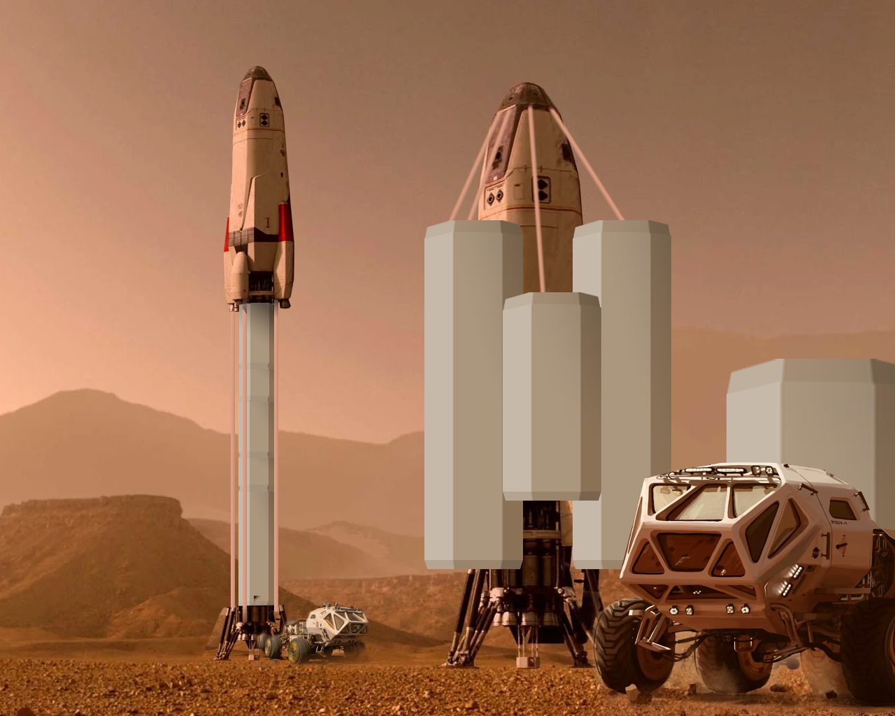 Варіанти компонування контейнеровозів для навігації між Марсом і орбітальним складом. Зліва — вантаж розміщується під двигунами, баками і кабіною. Справа — вантаж розміщується довкола двигунів, баків і кабіни